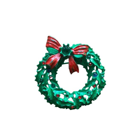 Vintage Holiday Wreath Brooch Green Red Blue Stones Pin 2" Diameter - Picture 2 of 7
